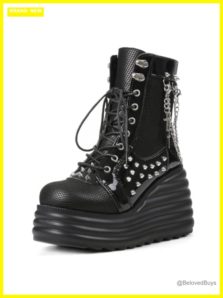 Women's Gothic Ankle Boots Platform Combat Boots With Punk Chains Studs Lace Up